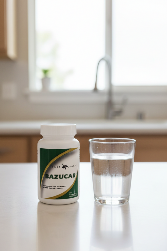 Bazucar supplement bottle with a glass of water on a kitchen counter