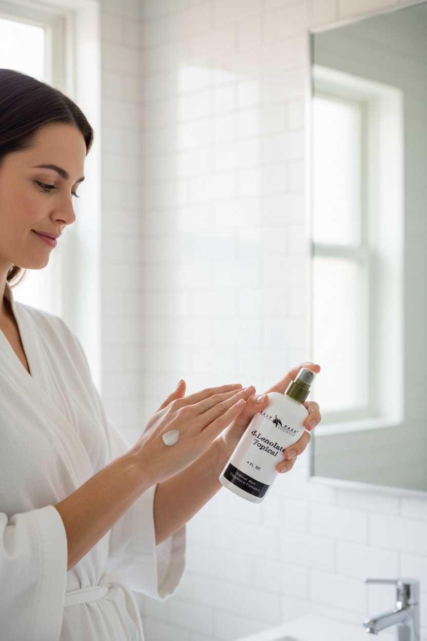 Woman applying a skincare product in front of a mirror