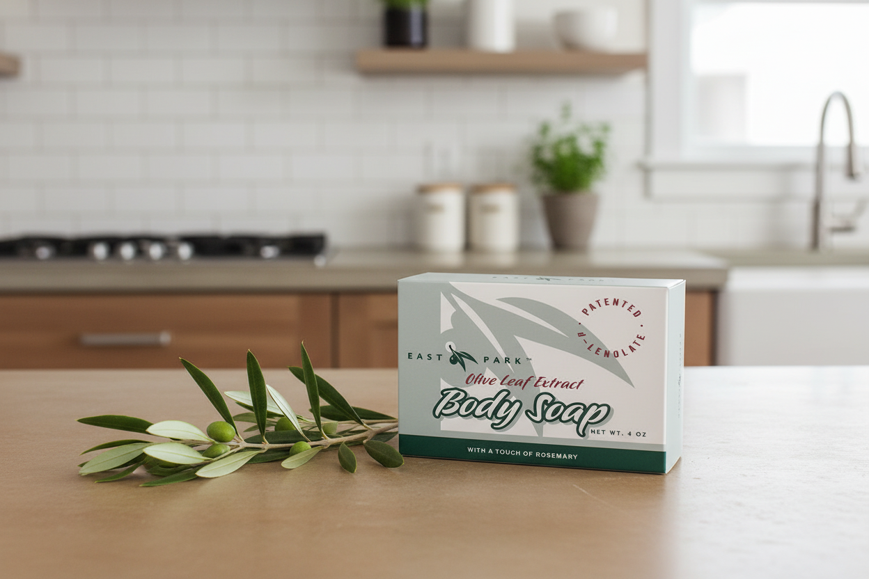 Bar of soap with packaging on a kitchen counter, featuring olive leaves.
