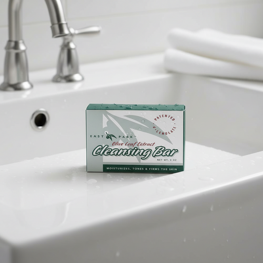 Cleansing bar on a bathroom sink with a faucet in the background