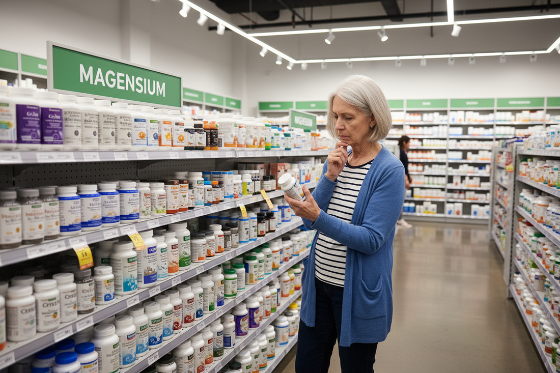 “Senior woman overwhelmed by the variety of magnesium supplement choices in the vitamin & supplement store.”