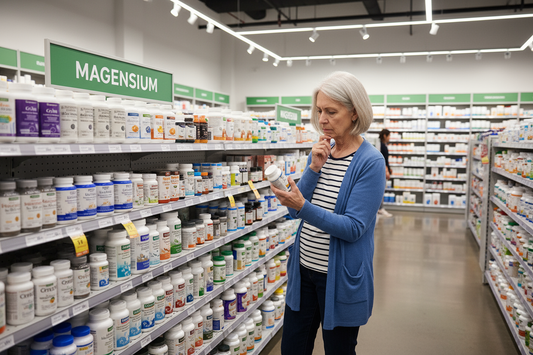 “Senior woman overwhelmed by the variety of magnesium supplement choices in the vitamin & supplement store.”