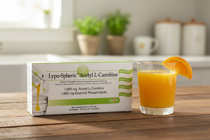 Box of Lypo-Spheric Acetyl L-Carnitine next to a glass of orange juice on a wooden surface.
