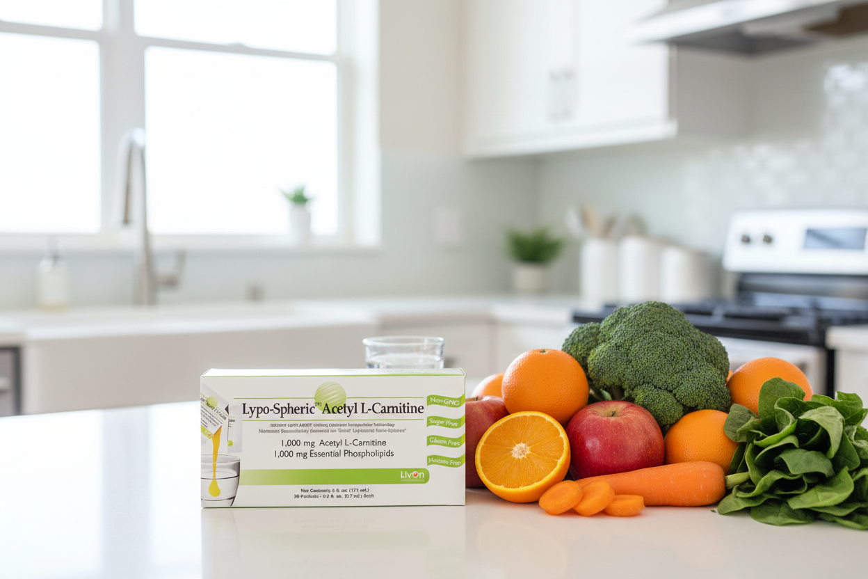 Supplement box on a kitchen counter with fruits and vegetables