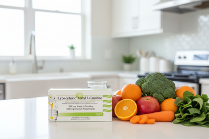 Supplement box on a kitchen counter with fruits and vegetables