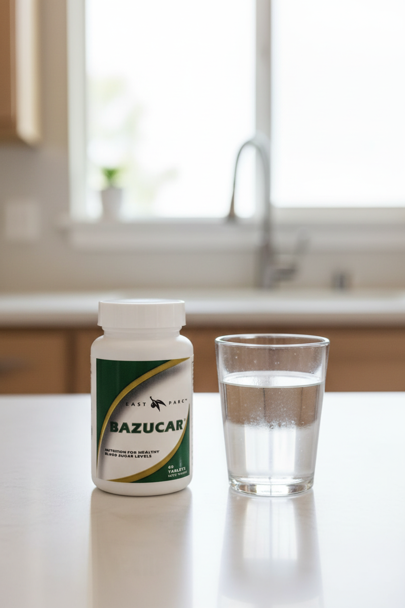 Bazucar supplement bottle with a glass of water on a kitchen counter