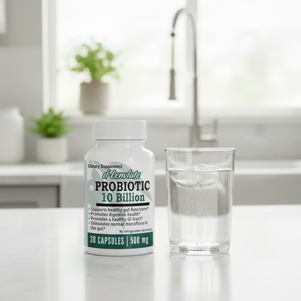 Probiotic supplement bottle with a glass of water on a kitchen counter