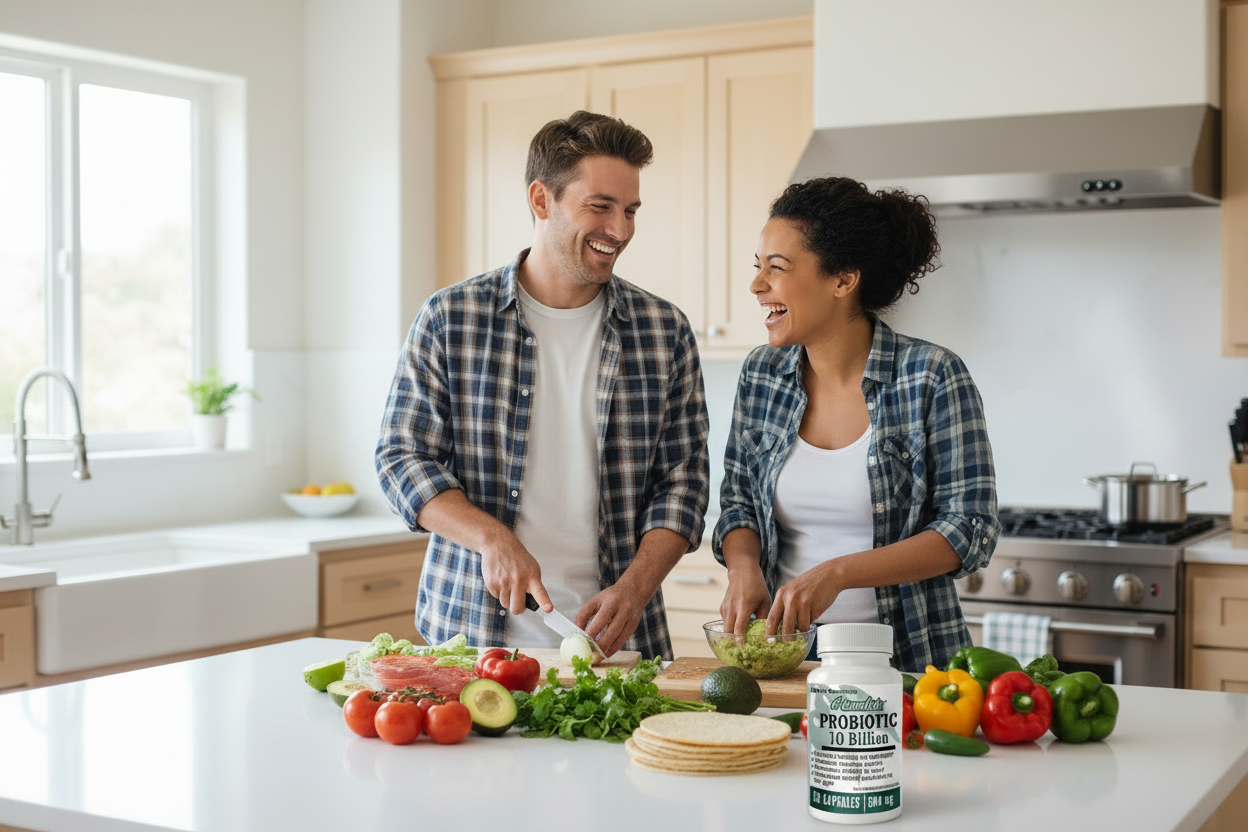 Man and woman preparing food in a kitchen with Probiotic Plus supplement on the counter. Product image enlarged for detail.