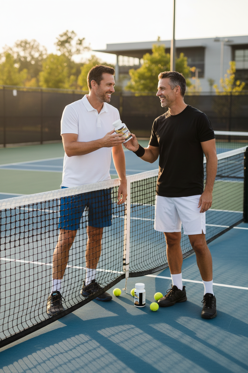 Two men shaking hands on a tennis court with herbal supplement bottles and balls.