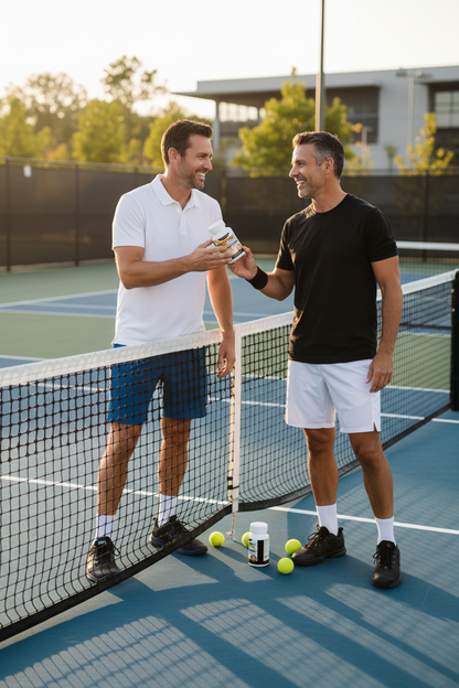 Two men shaking hands on a tennis court with herbal supplement bottles and balls.