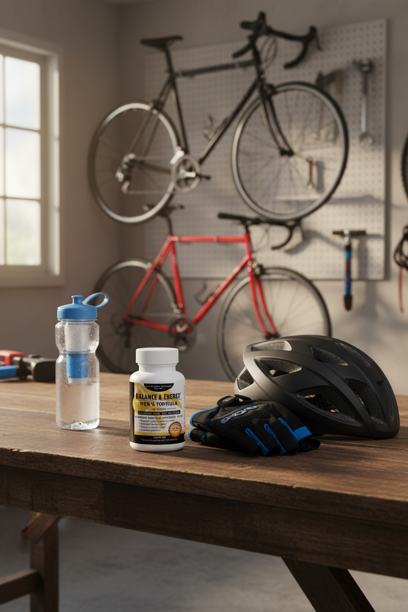 Supplement bottle on a table with a helmet and water bottle, bicycles in the background