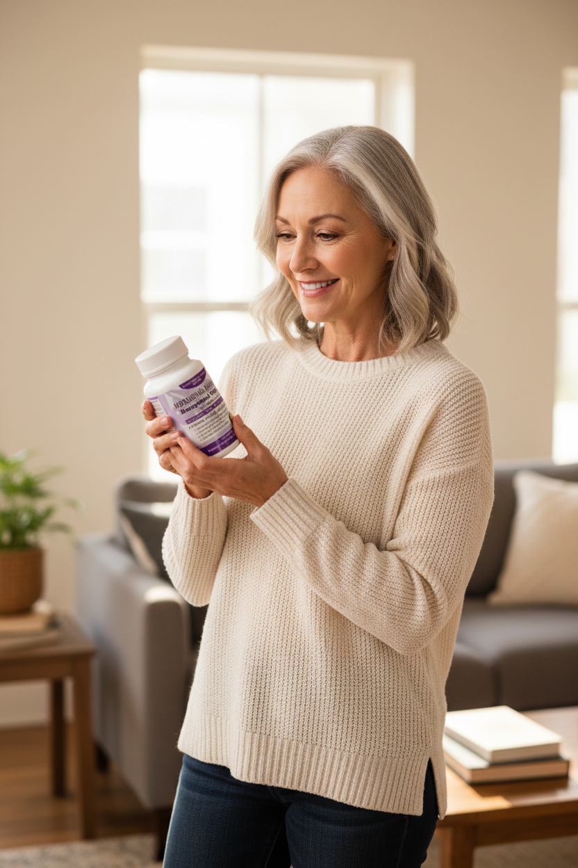 Woman holding a supplement bottle in a living room