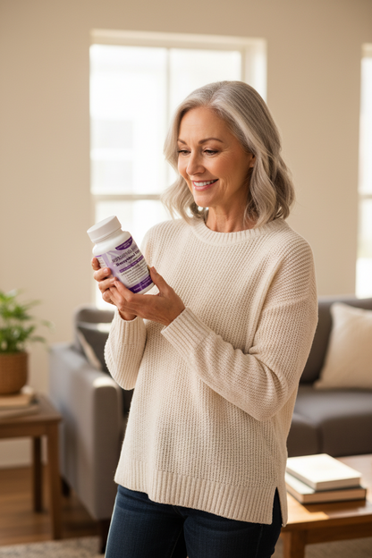 Woman holding a supplement bottle in a living room