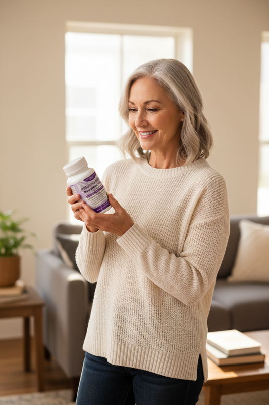 Woman holding a supplement bottle in a living room