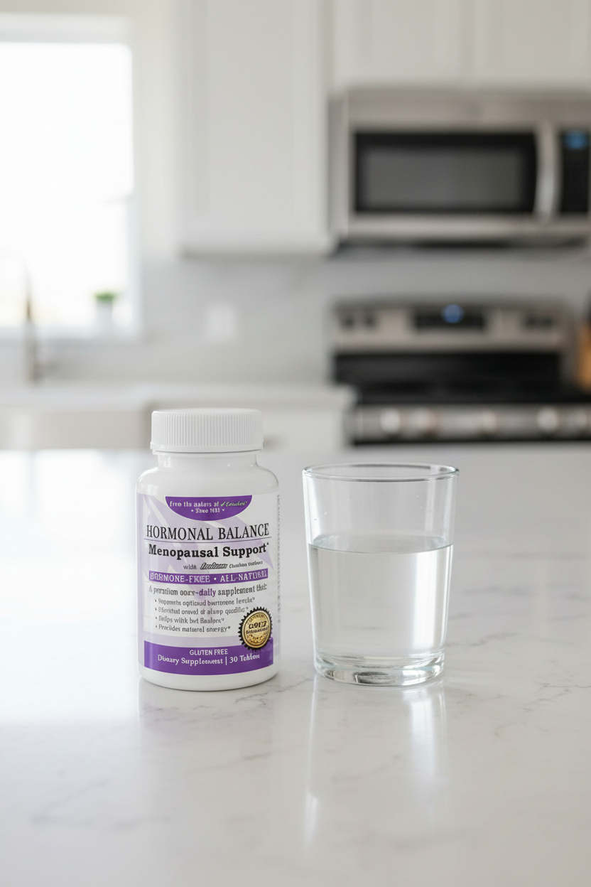 Supplement bottle labeled 'Hormonal Balance Menopausal Support' on a kitchen counter with a glass of water
