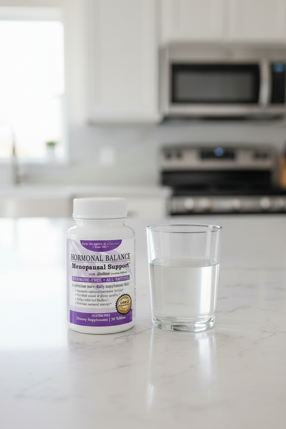 Supplement bottle labeled 'Hormonal Balance Menopausal Support' on a kitchen counter with a glass of water