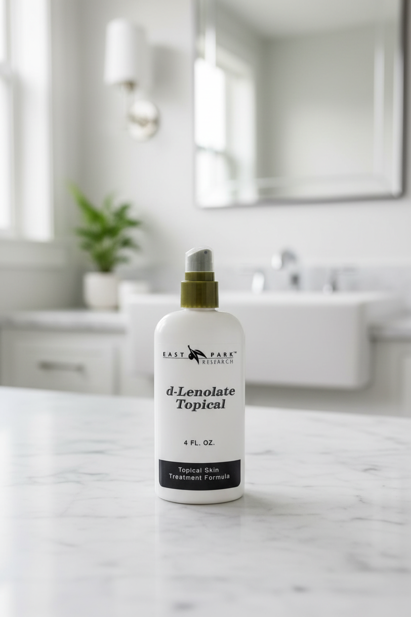 Bottle of d-Lenolate Topical on a marble countertop in a bathroom setting
