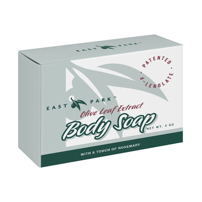 Box of East Park Olive Leaf Extract Body Soap on a white background