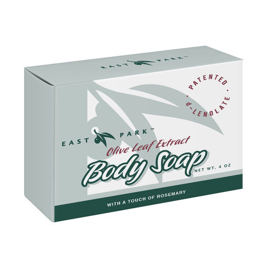 Box of East Park Olive Leaf Extract Body Soap on a white background