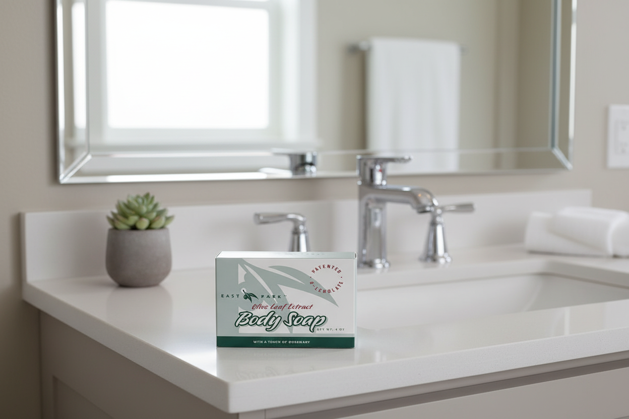 Box of body soap on a bathroom counter with a mirror and faucet in the background