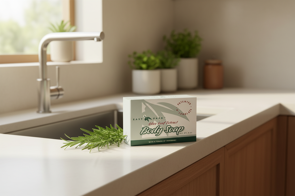Box of body soap on a kitchen counter with plants and a sink in the background