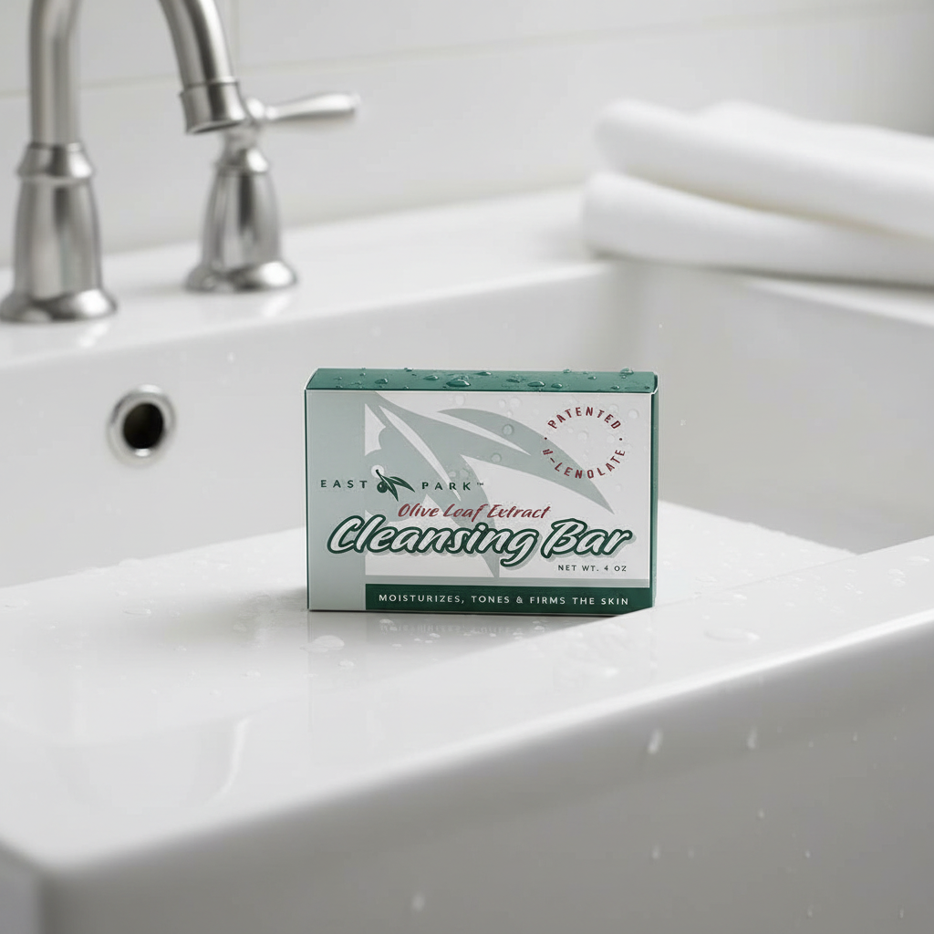 Cleansing bar on a bathroom sink with a faucet in the background