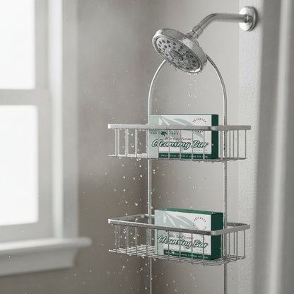 Shower caddy with cleaning bars on a shower wall