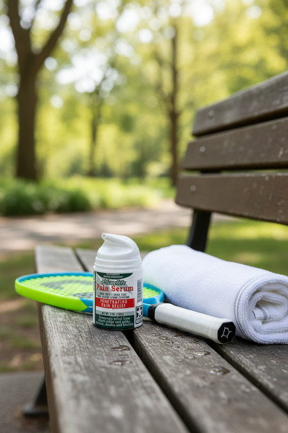 d-Lenolate Pain Serum on a wooden bench with a towel and frisbee in a park setting
